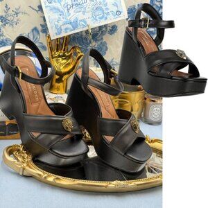 🆕 KURT GEIGER LONDON 🧿 NWOB Kensington Leather Wedge Sandal, Black - Sz 37 US7